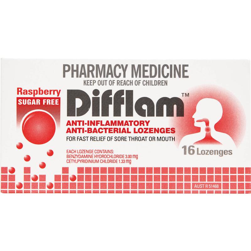 Difflam Anti-Inflammatory + Antibacterial Sore Throat Dual Action Raspberry Lozenges 16s