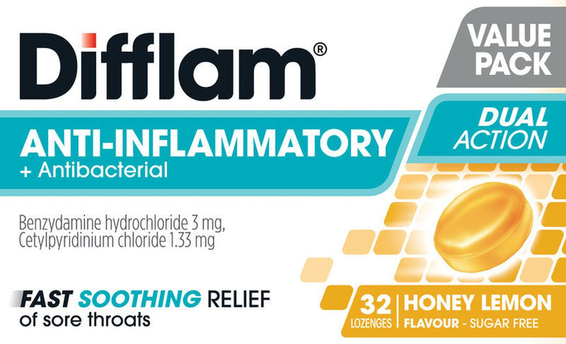 Difflam Anti-Inflammatory + Antibacterial Sore Throat Dual Action Honey Lemon Lozenges 32s
