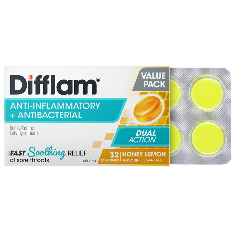 Difflam Anti-Inflammatory + Antibacterial Sore Throat Dual Action Honey Lemon Lozenges 32s
