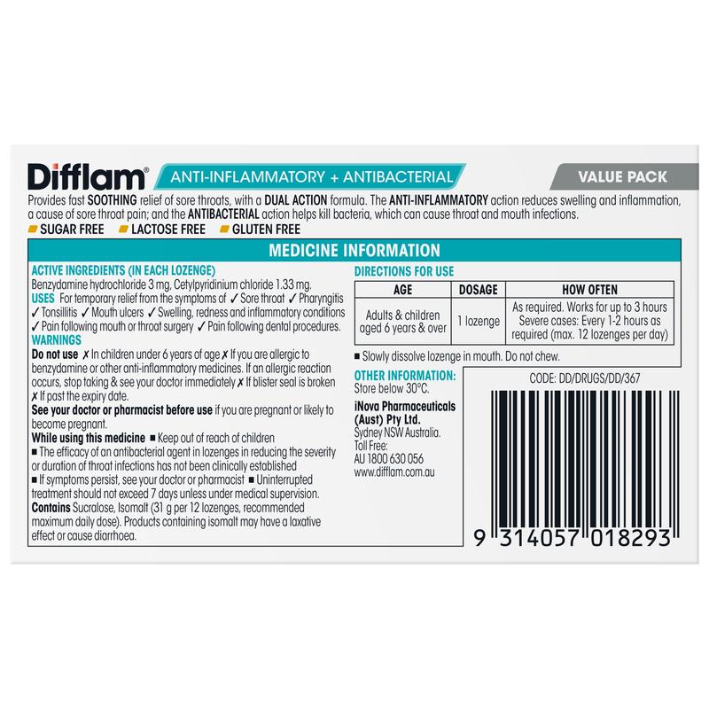 Difflam Anti-Inflammatory + Antibacterial Sore Throat Dual Action Honey Lemon Lozenges 32s