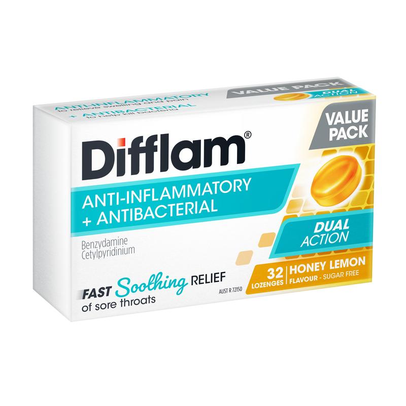 Difflam Anti-Inflammatory + Antibacterial Sore Throat Dual Action Honey Lemon Lozenges 32s