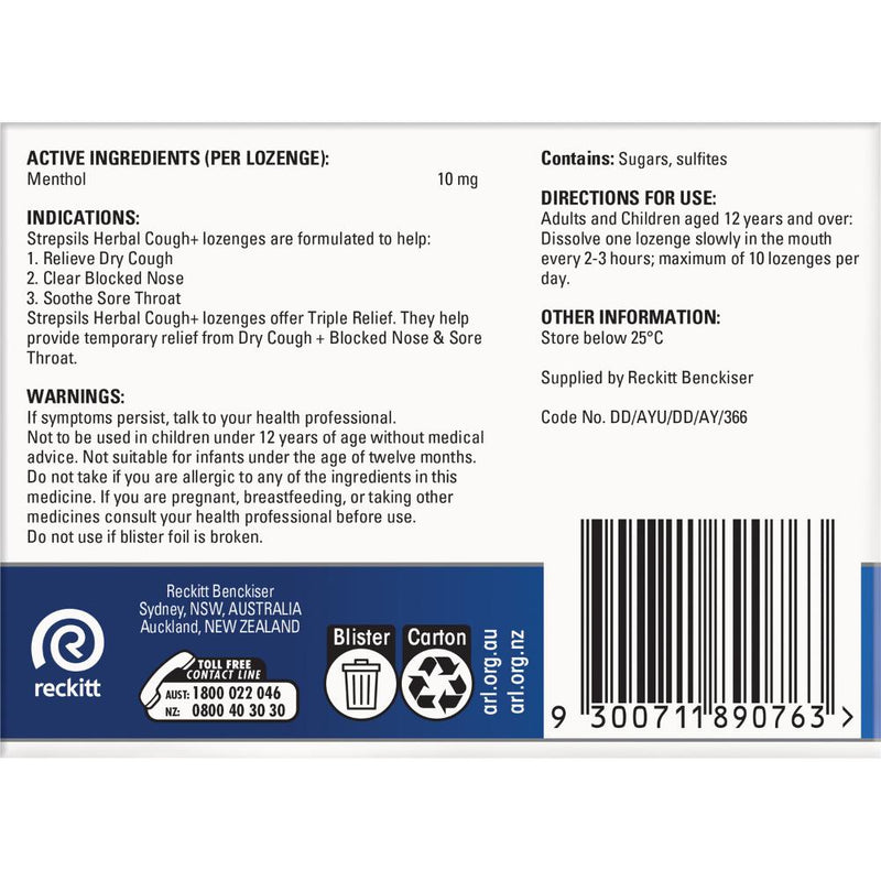 Strepsils Lozenges Herbal Cough Fresh Menthol 16s
